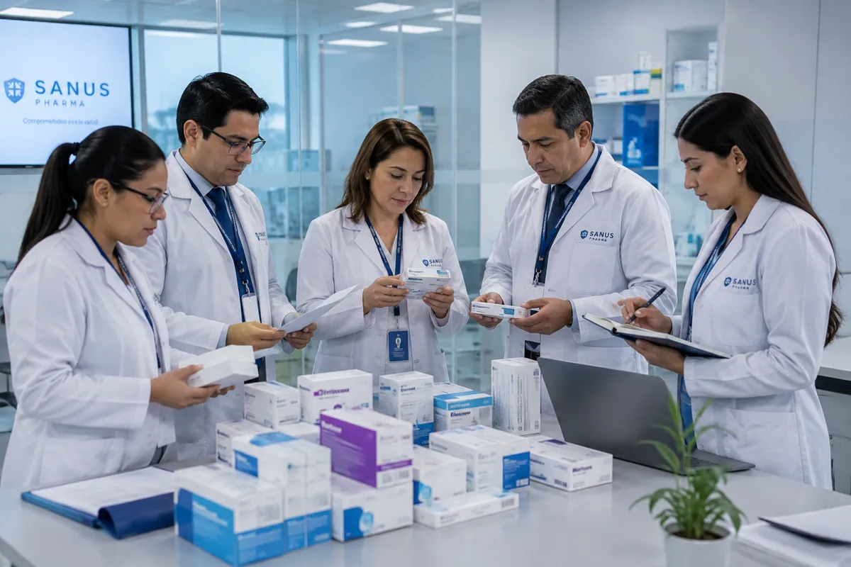 Sanus Pharma team reviewing products in the laboratory
